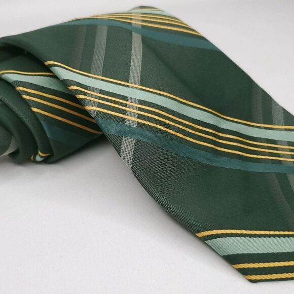 Vintage 70s Mens Wide Necktie Green Yellow Grey Plaid Tie - Picture 2 of 3